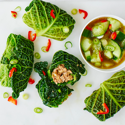 gochujang-pork-stuffed-cabbage-leaves-with-smashed-cucumber